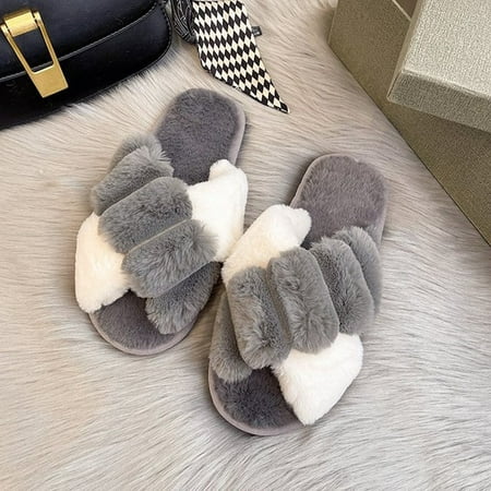 

CoCopeanut 2022 New Design Women Winter House Furry Slippers Women Cross Fluffy Fur Home Slides Flat Indoor Floor Shoes Ladies Flip Flops