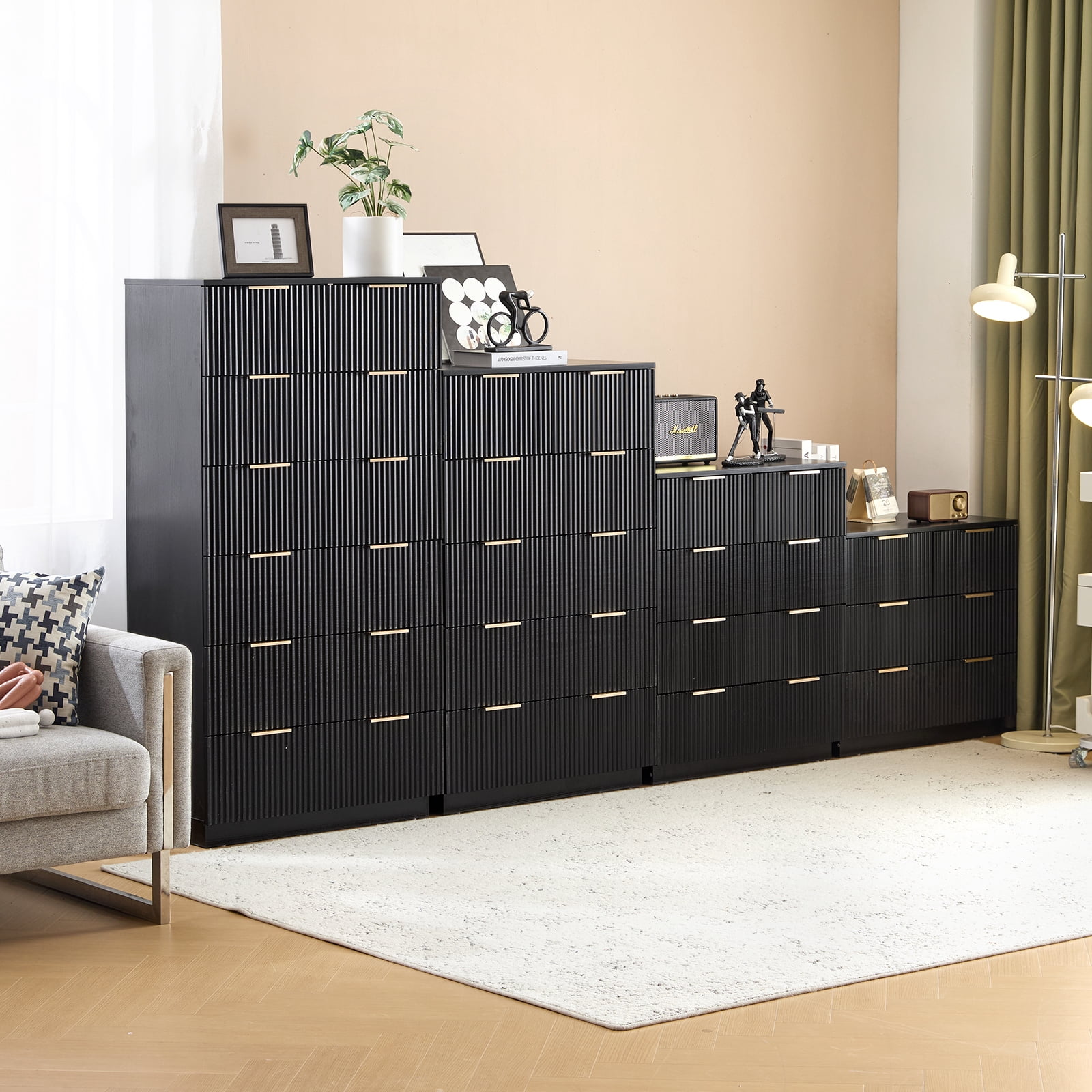 UBesGoo 4 Drawers Wood Dresser for Bedroom with Waveform Panel, Modern Chest for Living Room, Black