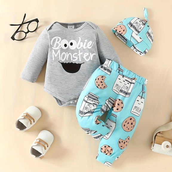 Faraee Preemie Newborn Boy Fall Clothes Gift Long Sleeve Button Romper Baby Boys Cute Print Bodysuit Pants Outfit Set with Hat Size 0-18 Months