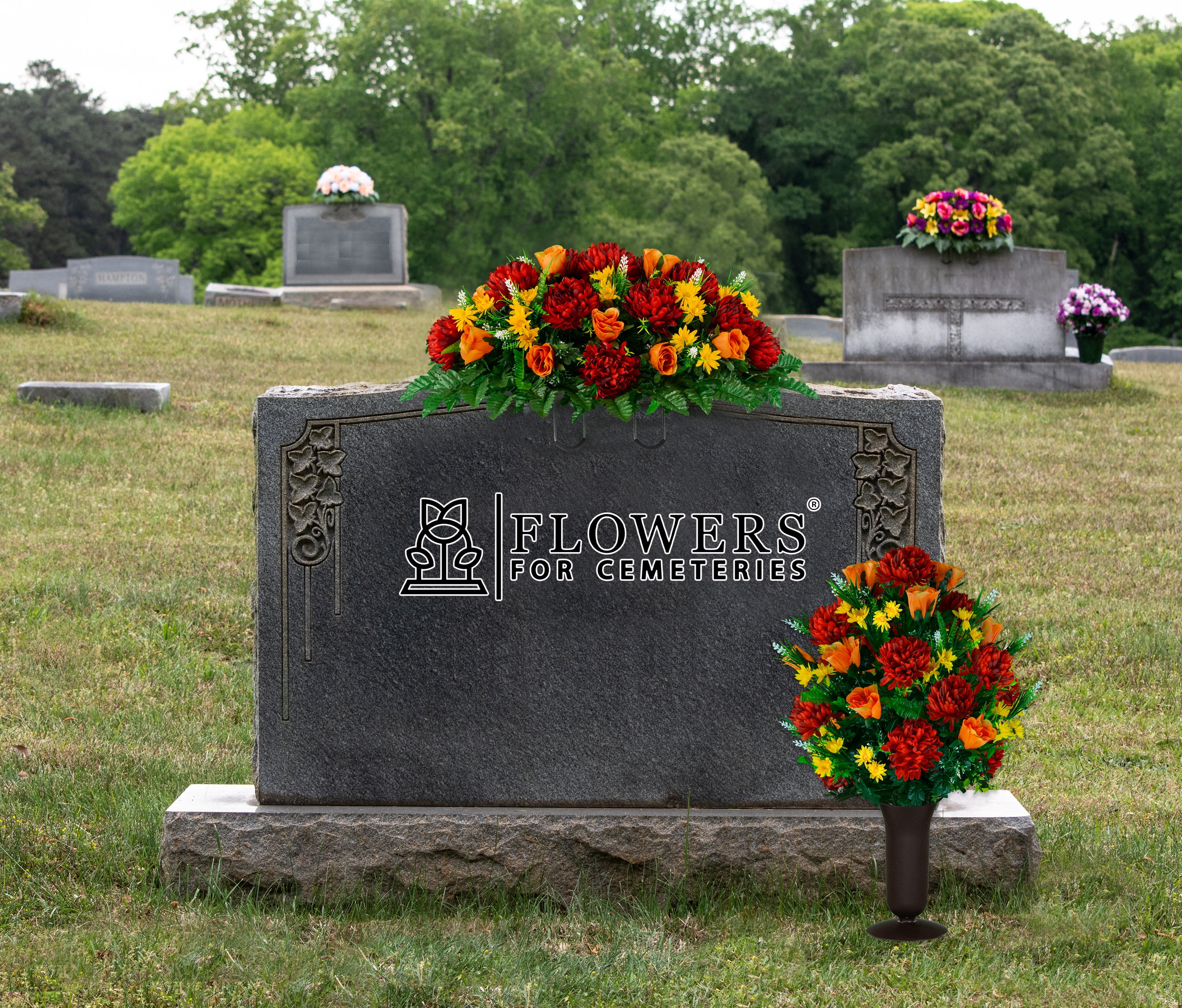 Sympathy Silks Artificial Cemetery Flowers Burgundy Mum and Orange Rose Bouquet for Outdoor Vase