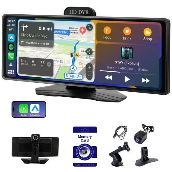 10" HD 4K Car Touchscreen - Wireless CarPlay/Android Auto, Navigation, 64GB TF Card, USB-Powered Audio/Entertainment System for All Vehicles