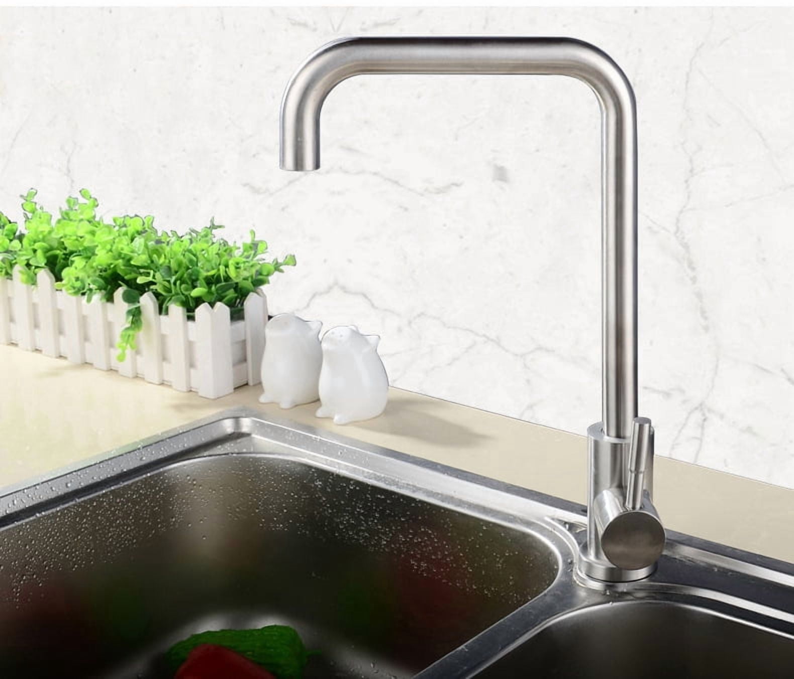 Kitchen Sink Faucet Stainless Steel Brushed Nickel Mix Hot & Cold Water Taper Single Handle Suit for 1 Hole