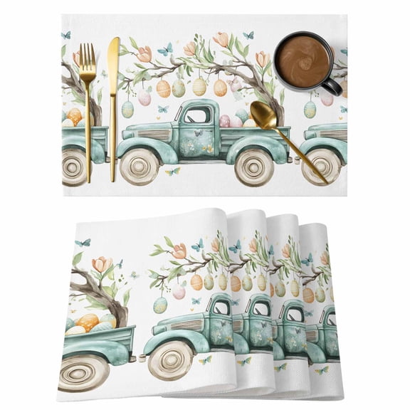 Easter Colorful Eggs Placemats Set of 12, Watercolor Truck Non-Slip Place Mats Washable Table Mats for Kitchen Dining Table Decorations Indoor/Outdoor