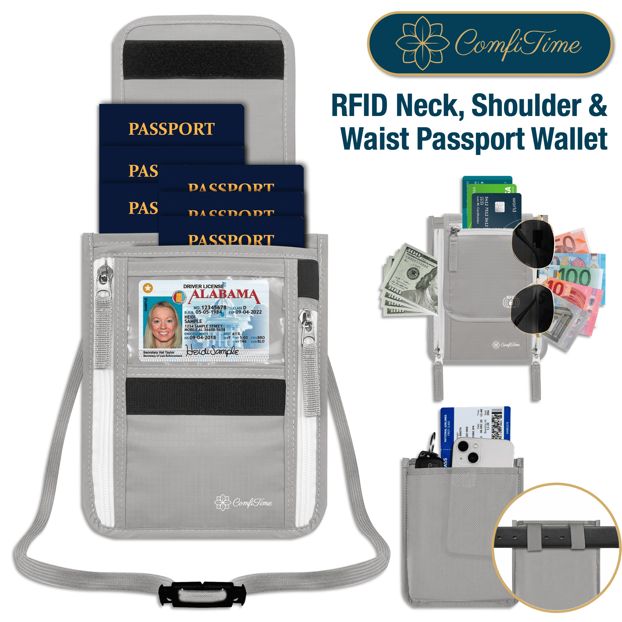 ComfiTime Passport Holder Neck Wallet - RFID Travel Wallet for Men, Women & Family, Anti Pickpocket Neck Crossbody Waist Pouch for Cruise, Gym, Hiking & Everyday Use, Lightweight Hidden Money Belt