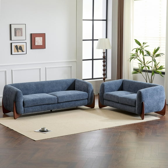 Christopher Knight Home 5-Seater Boucle Sectional Sofa Set, Faux Sherpa Couch with Wood Legs & Curved Design, Navy Blue