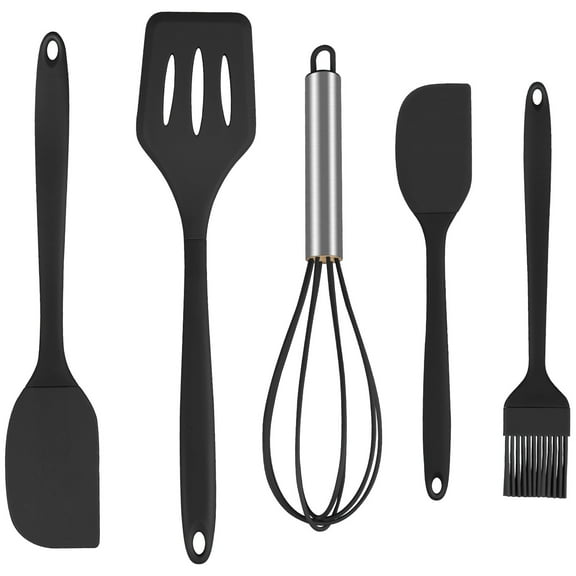 Silicone Cooking Utensils Sets,AILKIN 5-Piece Kitchen Utensil Set 600°F Heat Resistant Non-stick Rubber Cookware Kitchen Silicone Cooking Utensils with Spatulas,Whisk,BPA Free,Black