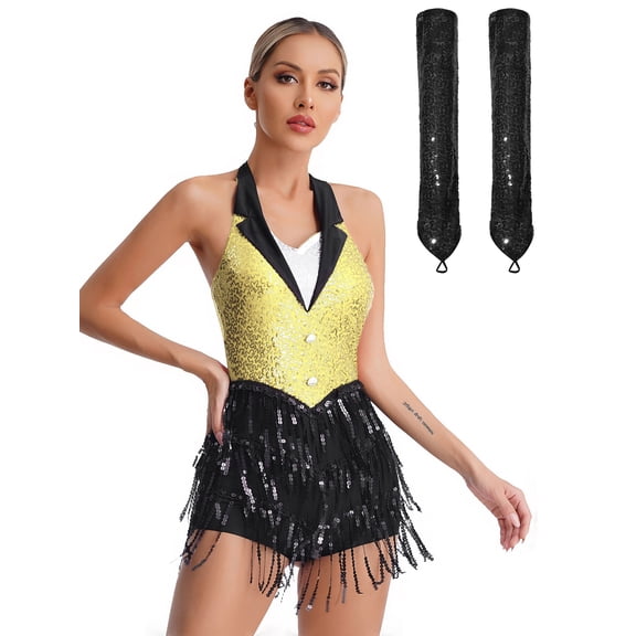 iiniim Women Sequins Latin Dance Outfits Sleeveless Tassel Leotard Fringed Tango Salsa Dance Dress with Gloves Yellow XXL