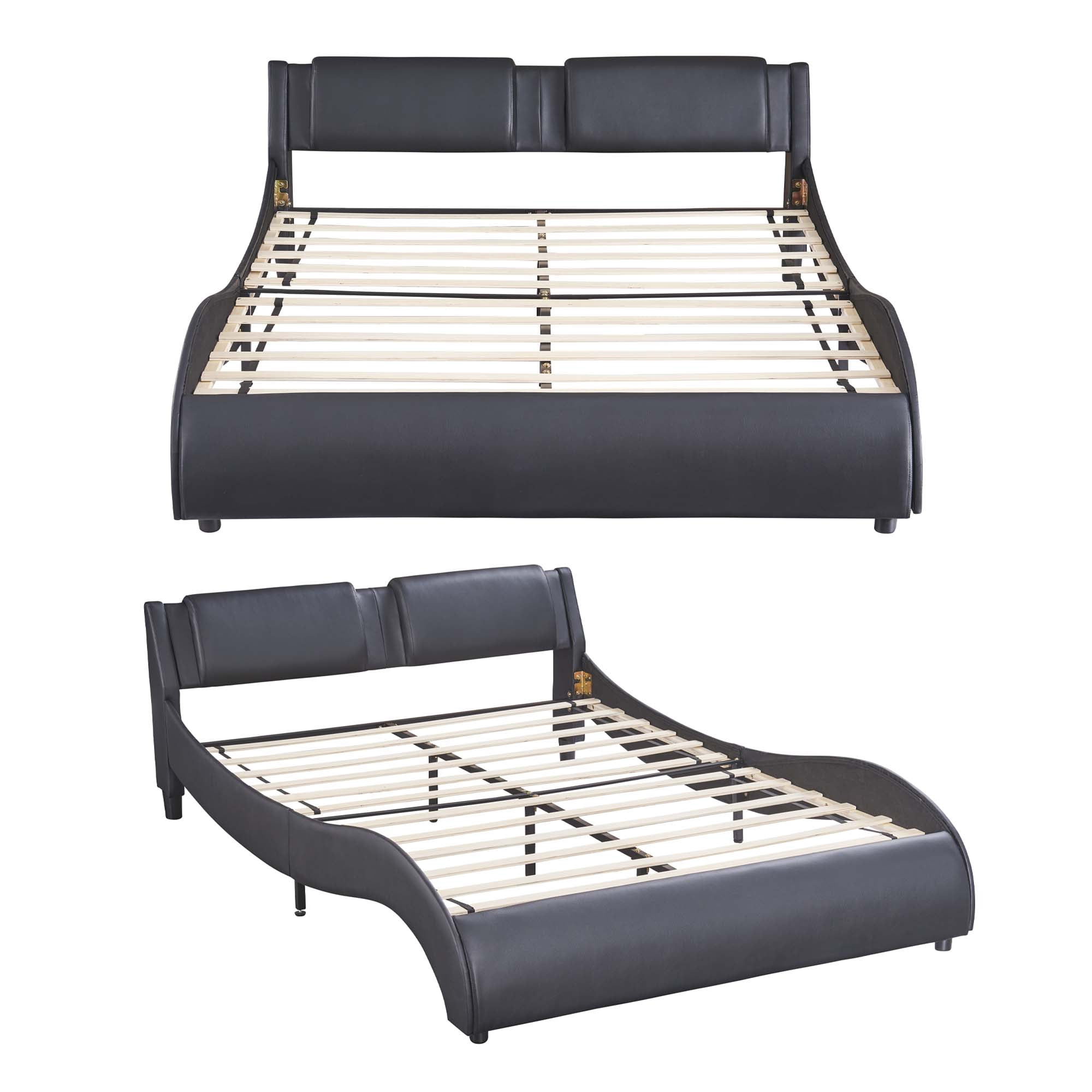 Aukfa Faux Leather Queen Upholstered LED Platform Bed Frame with Headboard, 16 LED Light Bed - Black