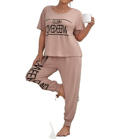 

Womens Plus Pajama Sets Slogan Graphic Pant Sets Sleepwear PJ Set Dusty Pink 4XL