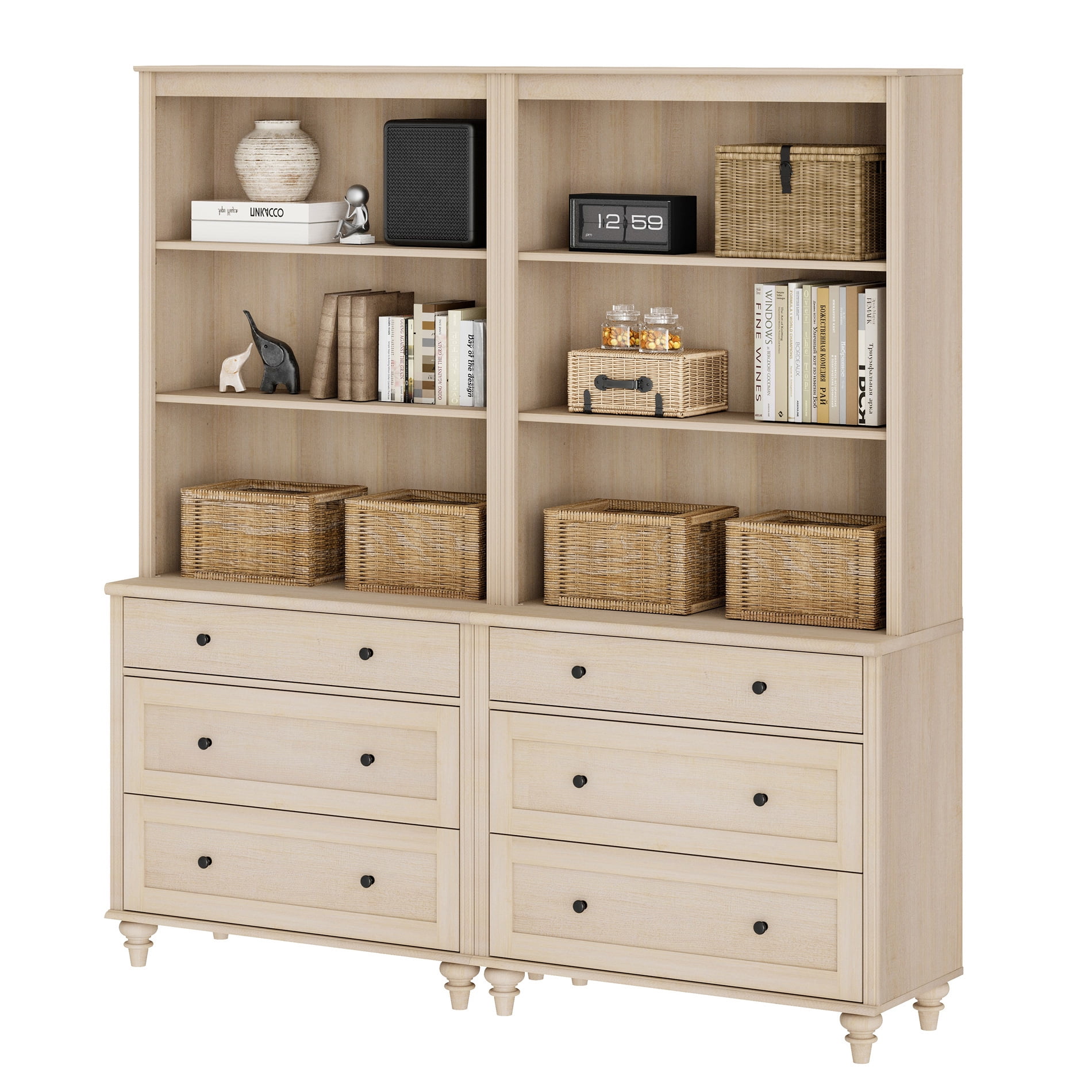 Farmhouse 5 Tier Bookcase With 6 Drawers, Beige, 67.7" W