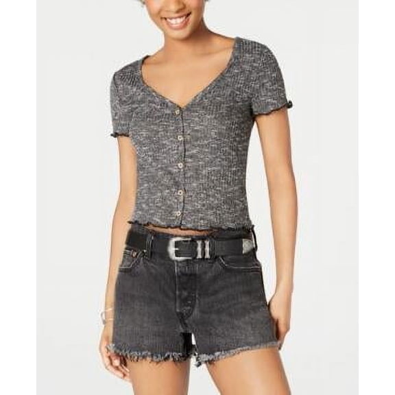 CRAVE FAME Womens Black Cap Sleeve Henley Crop Top Juniors L