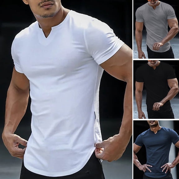 sunsanly V Neck Short Sleeve Hem Men T shirt Summer Solid Color Simple Tee Shirt Streetwear
