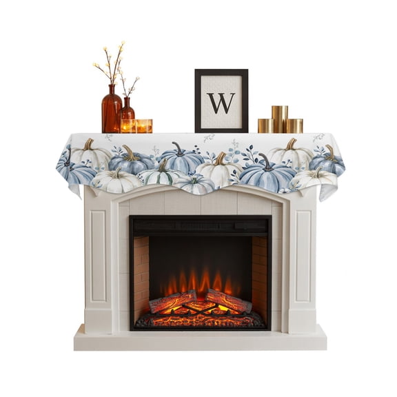 Blue Pumpkin Fall Fireplace Mantel Scarf Cover 70"Wx17"L,Fireplace Mantel Shelf Top Runner,Thanksgiving Eucalyptus Leaves Weeping Mantle Dresser Scarves Table Runner for Holiday Party Living Room