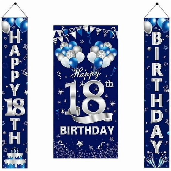 Blue Silver 18th Birthday Door Banner Decorations, Happy 18 Birthday Party Porch Banner for Boys, Sweet 18 Year Old Birthday Party Supplies