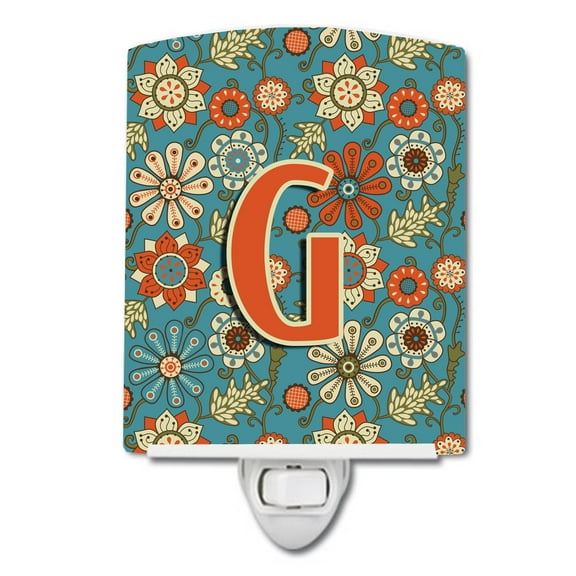 Caroline's Treasures CJ2012-GCNL Letter G Flowers Retro Blue Ceramic Night Light, 6x4x3", multicolor
