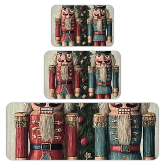 RKSupls Kitchen Rug Set 3 Piece Anti-Slip Flannel Floor Mats, Nutcrackers Tree Gifts Washable Absorbent Runner Mats for Kitchen Bathroom Home Decor