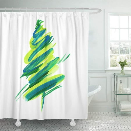 PKNMT Brush Stroke Green Christmas Tree Oil Paint of New Year Fir and Holiday Sketch Bathroom Shower Curtains 60x72