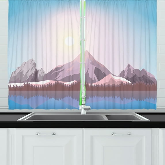 Warm Tone Kitchen Curtains, Natural Landscape Mountain Forest and Lake Outdoor Love Scene Artwork, Two Panels Drapes with Rod Pocket Room Decor, 55" X 45", Sky Blue White Rose, by Ambesonne