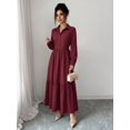 thumbnail image 3 of Burgundy Button-Front Shirt Dress Women Long Sleeve Notch Lapel Tiered Ruffle Midi Elegant Casual, 3 of 6