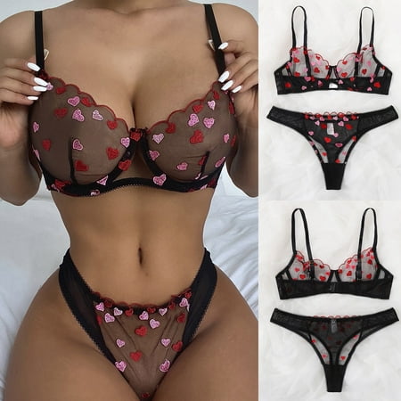 

MPWEGNP Love Embroidery Bra G-String Thong Sleepwear Underwear Women Lingerie