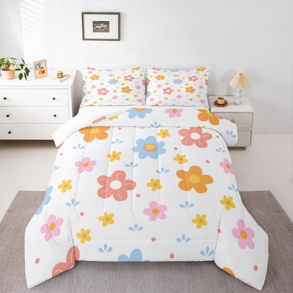 jejeloiu Cute Flower Bedding Comforter Set,Plant Theme Twin Comforter Sets,Orange Blue White Bedding Set For Girls Kids,Microfiber Room Decoration,2 Pieces