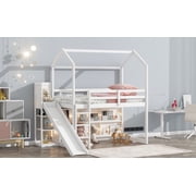 Pinovk Twin Size Wood House Loft bed with Slide, Storage shelves and Light, White