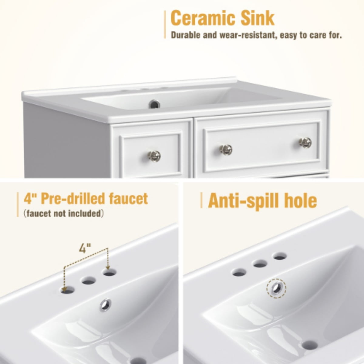 24" Bathroom Vanity with Ceramic Sink, Small Bathroom Vanity Cabinet with 2 Drawers and 1 Door, Freestanding Storage Cabinet, White