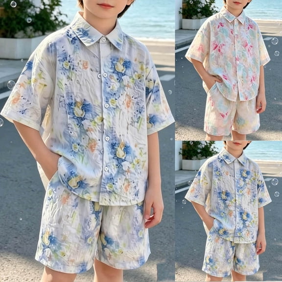 Pretxorve Kids Boys Short Sleeve Set Solid Textured Woven Collared Shirt Top Pocket Long Pants Casual Outfits 2-13Y