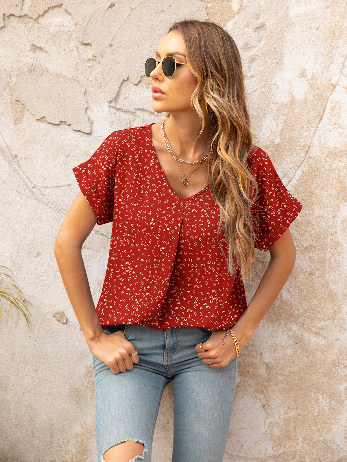 Summer Blouses for Women Elegant Casual V Neck Chiffon Blouses Tops Shirts,Flower Navy Red,S-2XL