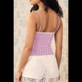 thumbnail image 4 of Camiseta Corta de Tirantes Finos con Cuello Cuadrado y Ribete de Encaje de Cuadros Y2K para Mujer. Camiseta de Tirantes Finos con Lazo en la Parte Delantera. Púrpura XL, 4 of 7