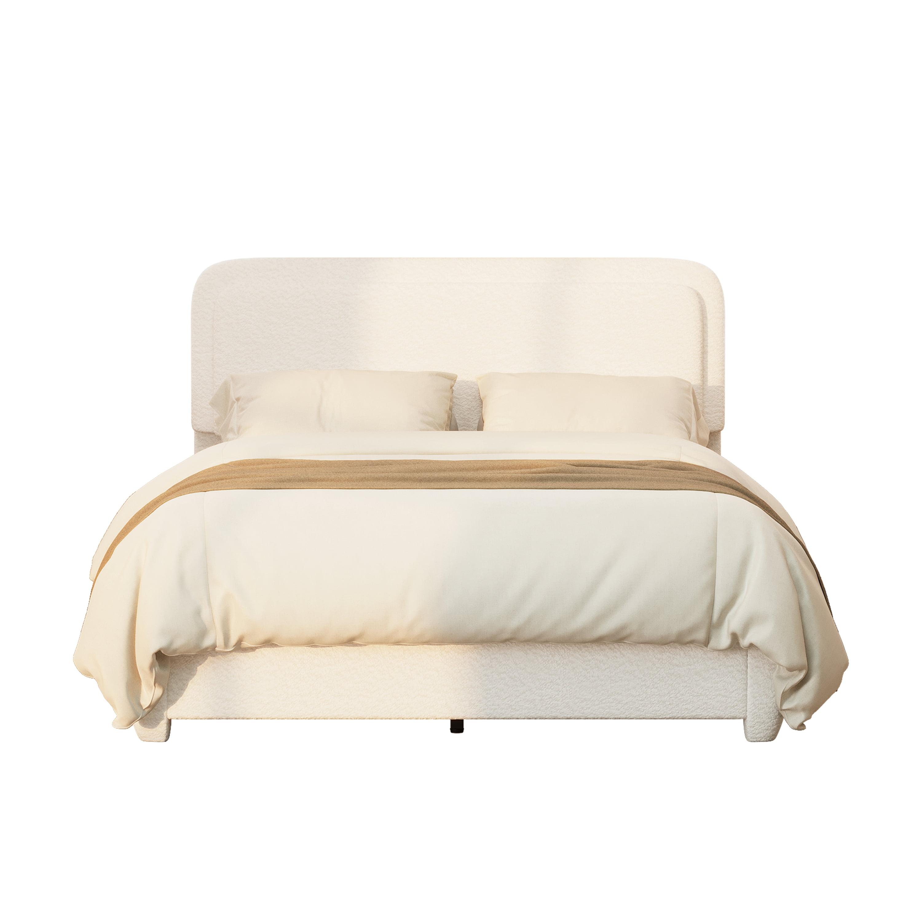 Euroco Boucle Queen Size Platform Bed with Height Adjustable Headboard, Low Profile Modern Bed with Curved Cloud Headboard, White
