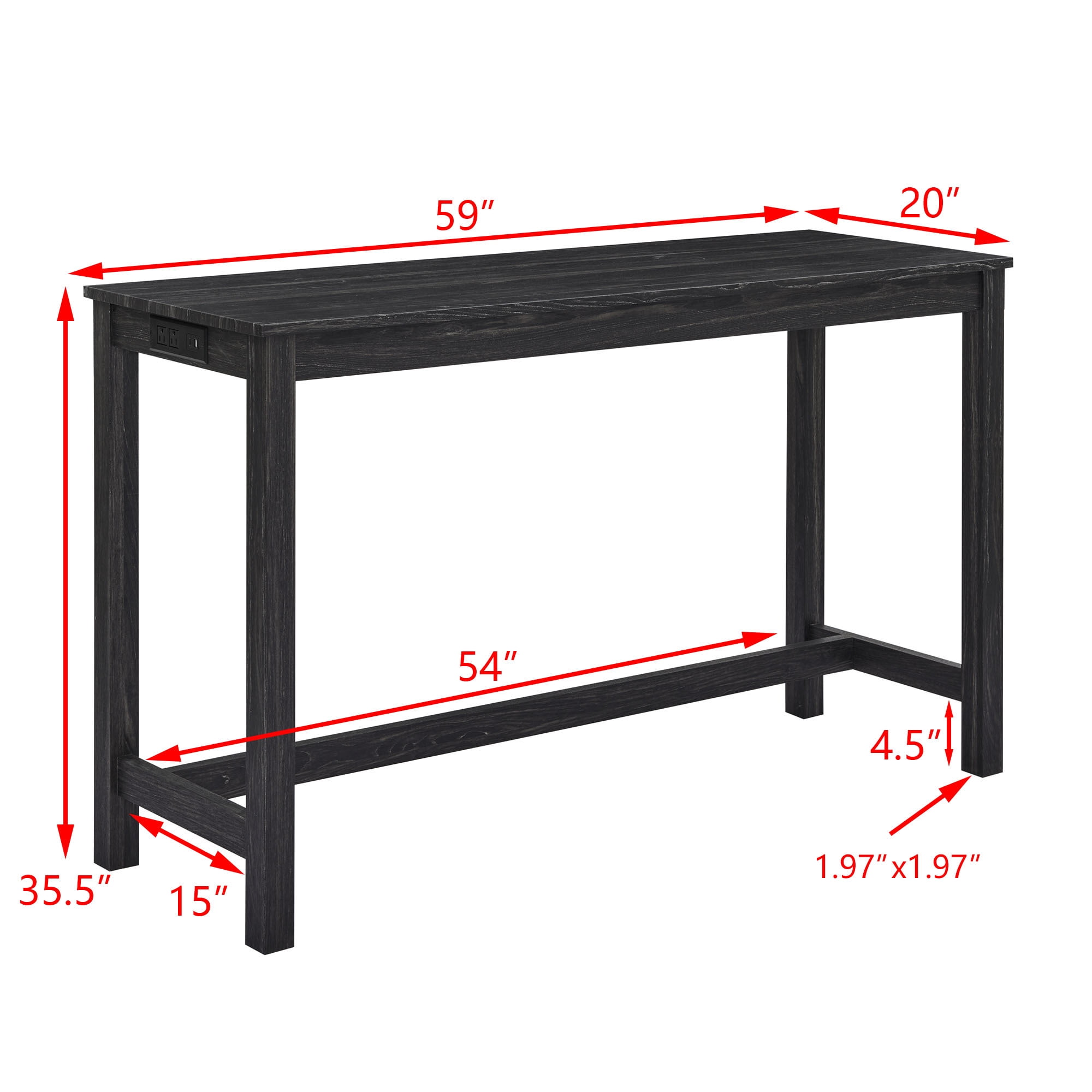 4 Piece Bar Table Set with Power Outlet,Rustic Counter Height Bar Dining Table with 3 Upholstered Stools,Kitchen Table Set for Living Room, Dining Room, Game Room,Black