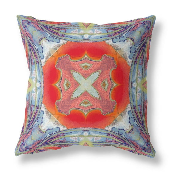 Pastel Floral Squares Suede Zippered Pillow w Insert Muted Blue Hot Orange 16"