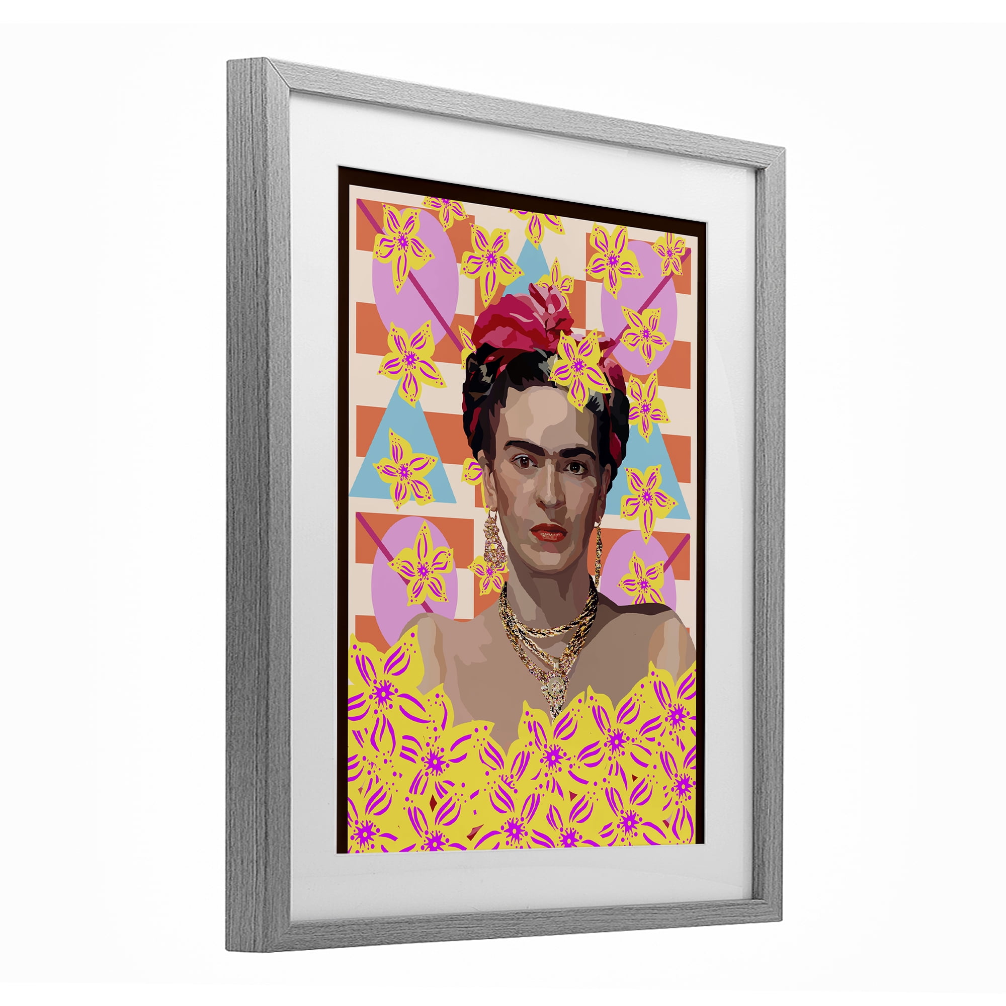 Frida's Floral Journey Gray Framed Print Under Glass, design by Lynnda Rakos