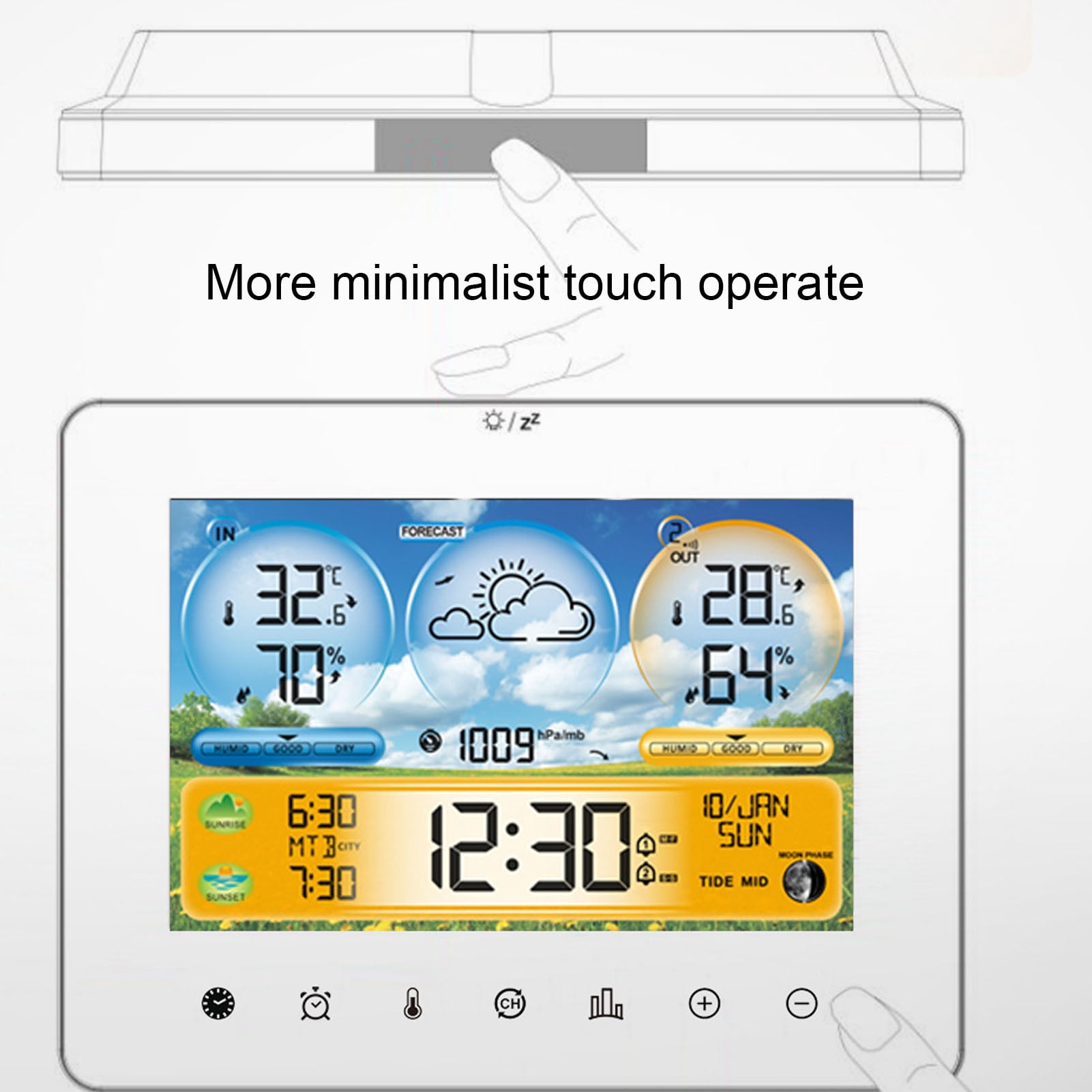 YAHHU Digital Weather Forecast Station Wireless Indoor Outdoor Touch Screen Thermometer Hygrometer with RF Sensor and Clock, Black (7.09 x 5.51 inches / 18 x 14 cm)
