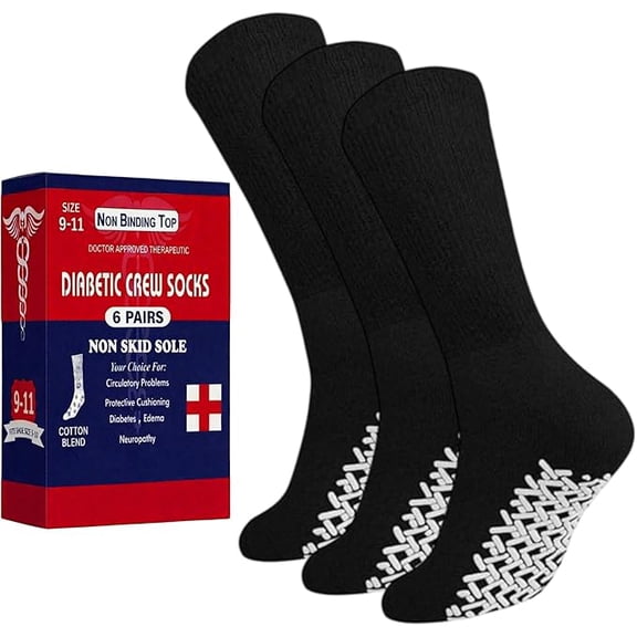 Diamond Star Unisex Diabetic Loose Top Therapeutic Anti Slip-Non Skid Gripper Soft Cotton Full Cushioned Crew Socks (Black - 6 Pairs, Socks Size 9-11, Fit Women's Shoe Size 5-10)