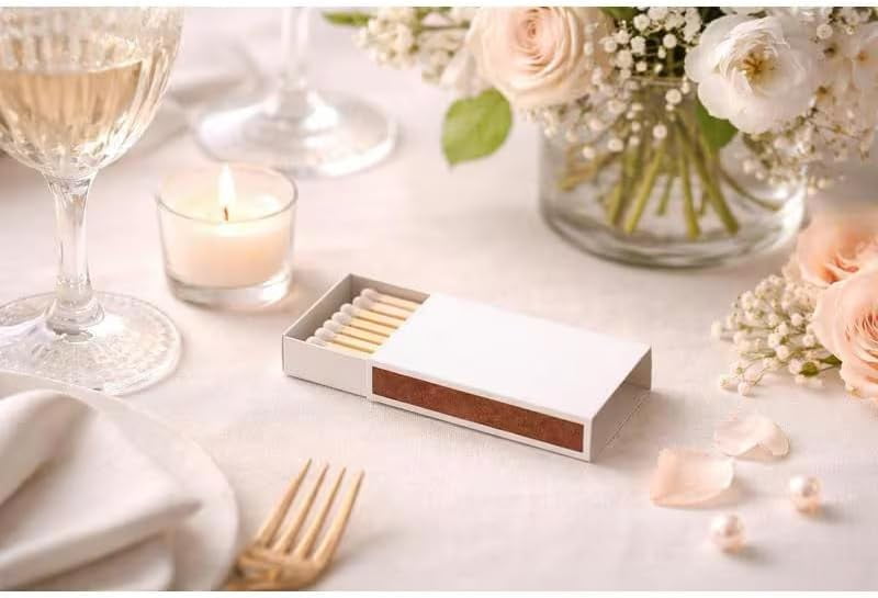 50 Plain White Matchboxes with Side Strike Strip – Mini Safety Matches, Bulk Matchboxes for Party Favors, Weddings, Home Use, Events, Crafts & Emergency Kits