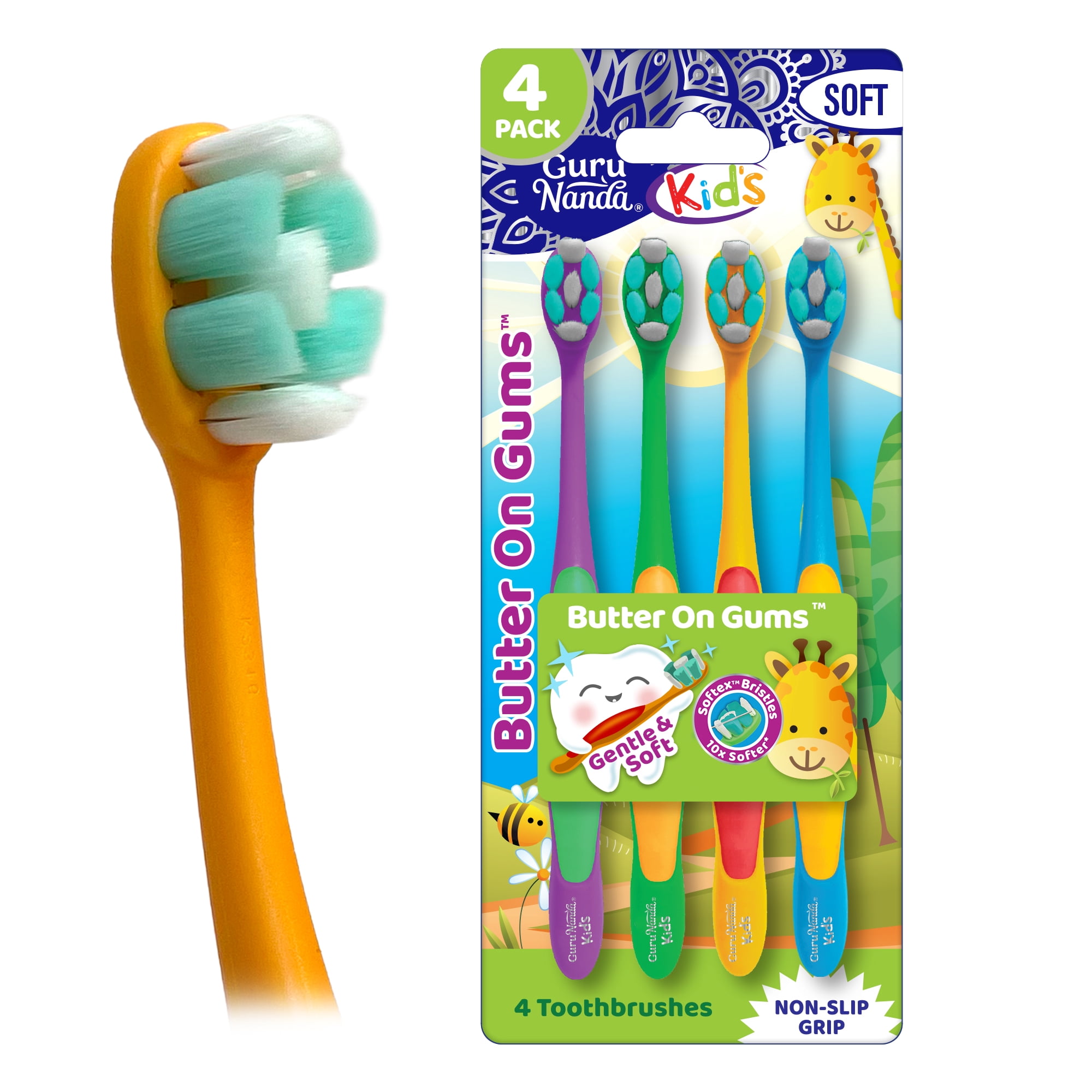 GuruNanda Kids Butter on Gums Extra Soft Toothbrush, Ergonomic Grip, Multicolor, 4 Pack