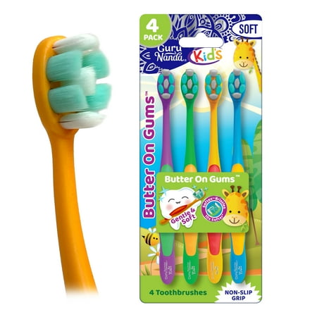GuruNanda Kids Manual Toothbrush - Butter on Gums Extra Soft Bristles, Ergonomic Grip, Multicolor - 4 Pack