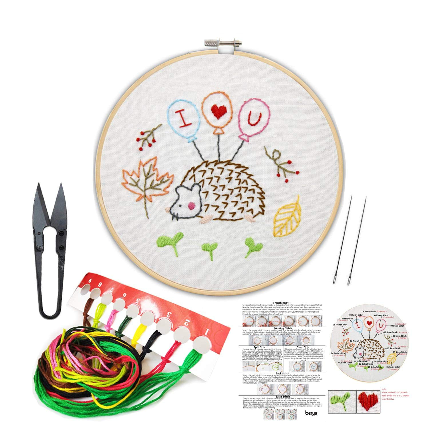 Full Set of Embroidery Starter Kit Cross Stitch Tool Kit Including 5 Pieces Bamboo Hoops 100 Color Threads 2 Pcs Aida Cloth 1 Storage Bag Necessary Embroidery Tools 