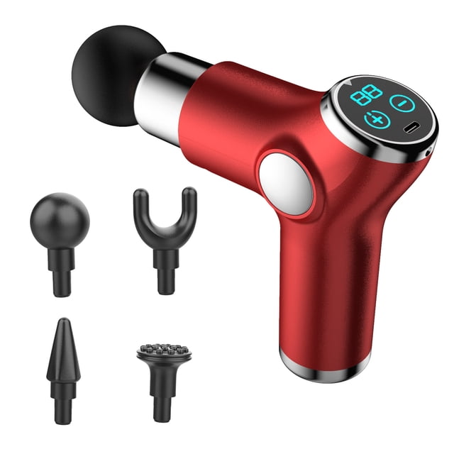 Amdohai Muscle Therapy Device for Athletes Body Muscle Massager Handheld Massager 32 Adjustable Strength Levels 4 Massage Heads, Red