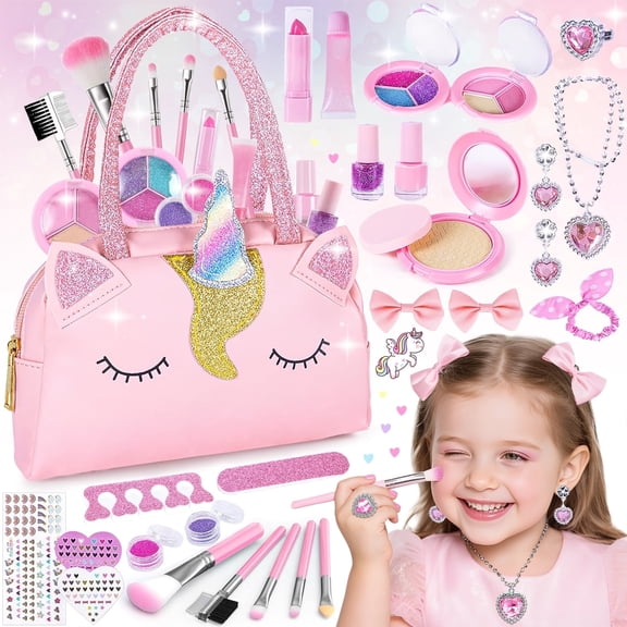 Freecat Kids Makeup Sets for Girls, Unicorn Bag Toys for Girls Ages 3-6 Years Old, 28PCS Christmas Birthday Gifts for Kids 3 4 5 6 