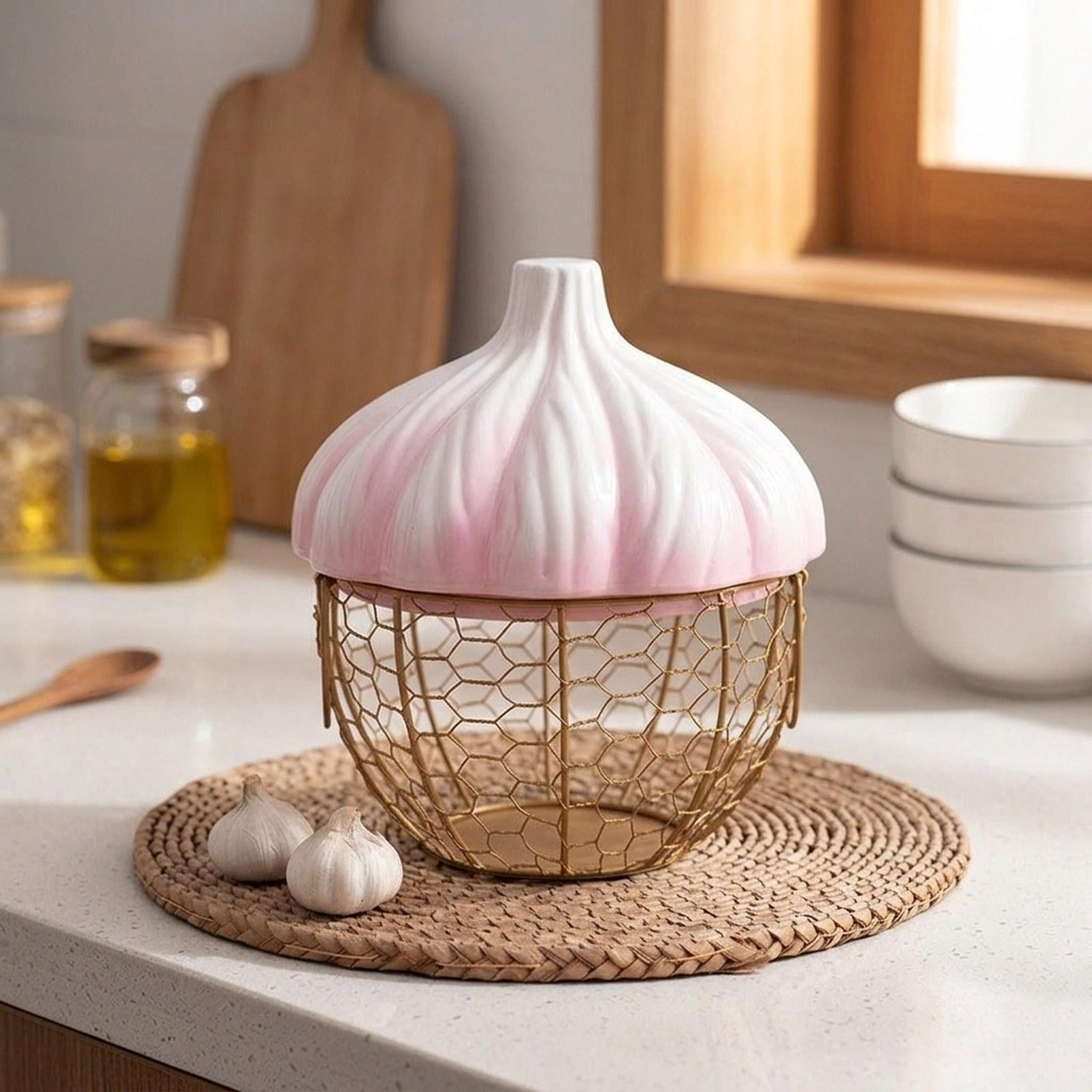 Fiocias Ceramic Holder Breathable Portable with Lid Egg Basket for Fruit Home Pantry Pink