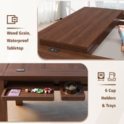 HABUTWAY Coperat Solid Wood Board Game Table with LED Lights for 4-6 Players Multi-Function Dining Table with Game Mat-Walnut