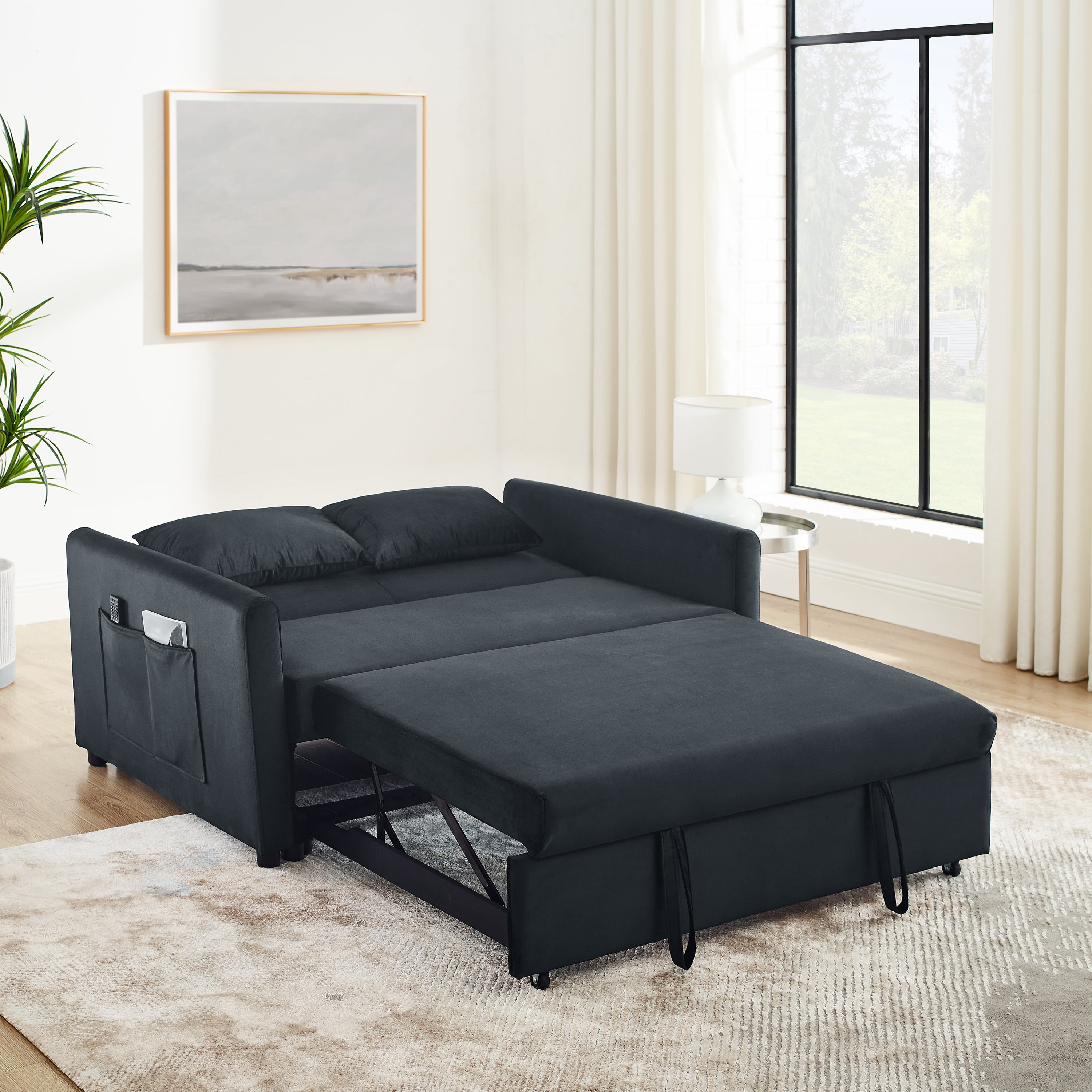 Momspeace Pull Out Sofa Bed Sleeper Sofa Couch Sofa Bed with Adjustable Backrest Velvet Loveseat For Living Room - Black