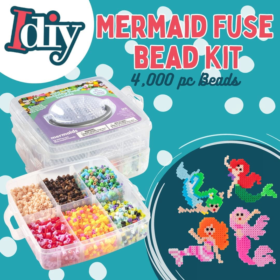 4,000pc Fuse Beads Mermaid w Carrier CASE - 21 Colors, 12 Unique Templates, 2 Peg Boards, Tweezers, Ironing Paper, Case, Works w Perler, Bulk Art Craft Project, Kids Birthday Party Gift