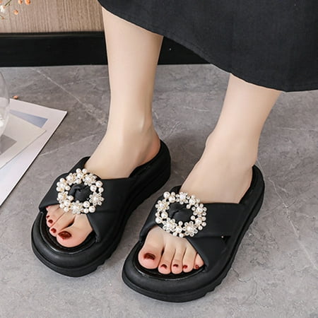 

AXXD Black Platform Sandals for Women 7 Summer Sandals Round Head Pearl Flower Shoes