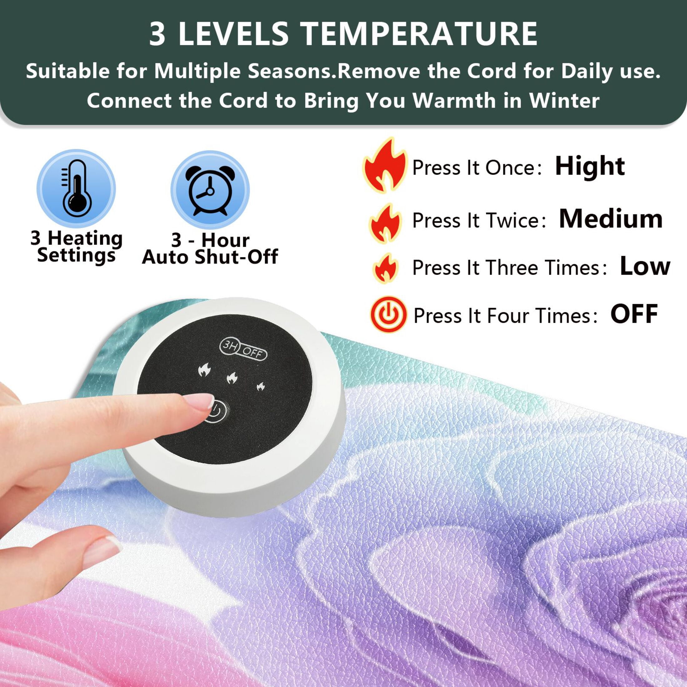 Large Heated Desk Mat Mouse Pad 31.5"x13"PU Leather Graphene Heating Desk Warmer with 3 Temperature Settings 110V US Plug Non-Slip Warm Pad for Home, Office, and Gaming Little Rainbow Rose Garden