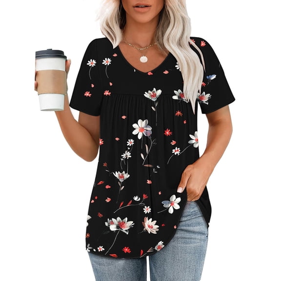 ALLLIST Pleated Women's Tops V Neck Short Sleeve Blouse Floral Trendy Black Pullover Women's Clothing