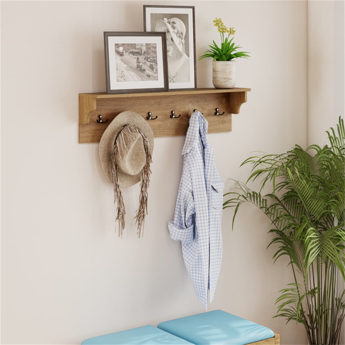 Natural Wood Wall Mount Coat Rack with Shelf 6 Hooks Entryway Organizer Floating Shelf for Keys Hats Bags Towels 110 lb Capacity Mudroom Bathroom Bedroom Storage Space Saving 31.5In Rustic Home Decor